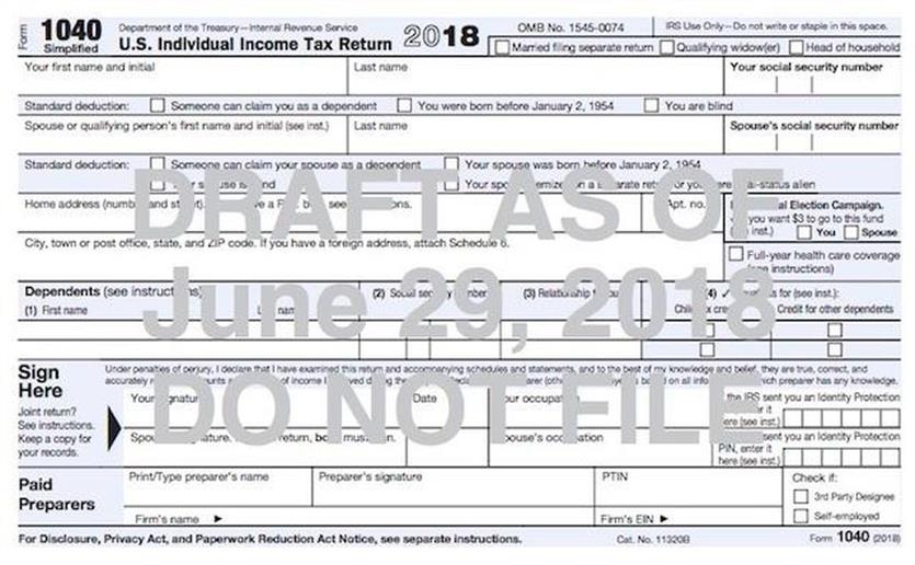 Draft IRS Form 1040 - Postcard Size